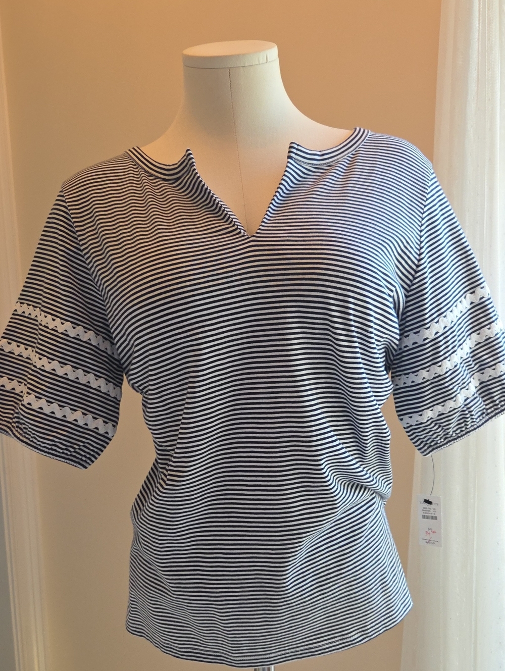 Talbots Navy and White Striped Split-Neck Short Sleeve Top